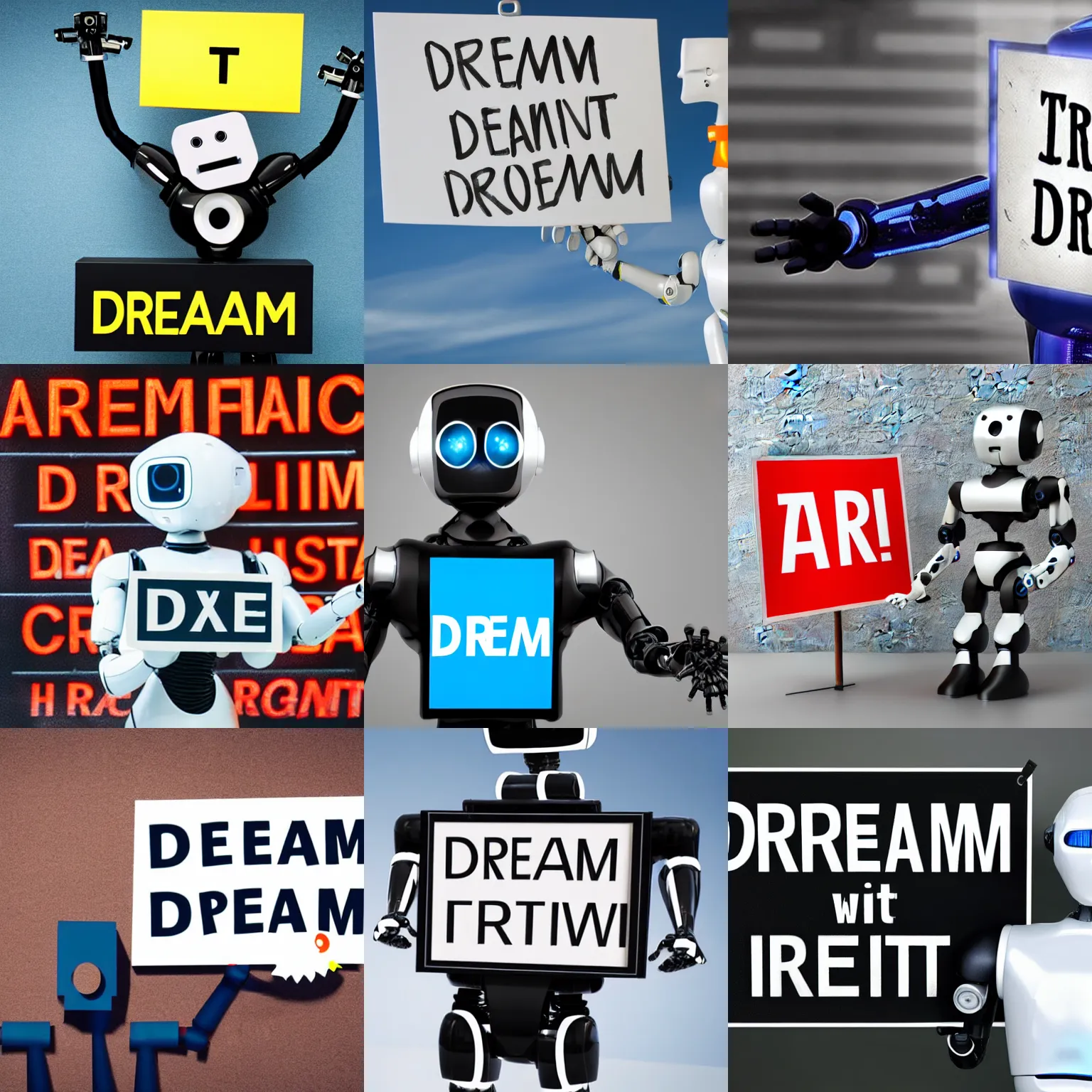 Prompt: artificial intelligence robot holding a sign with text that reads :! dream