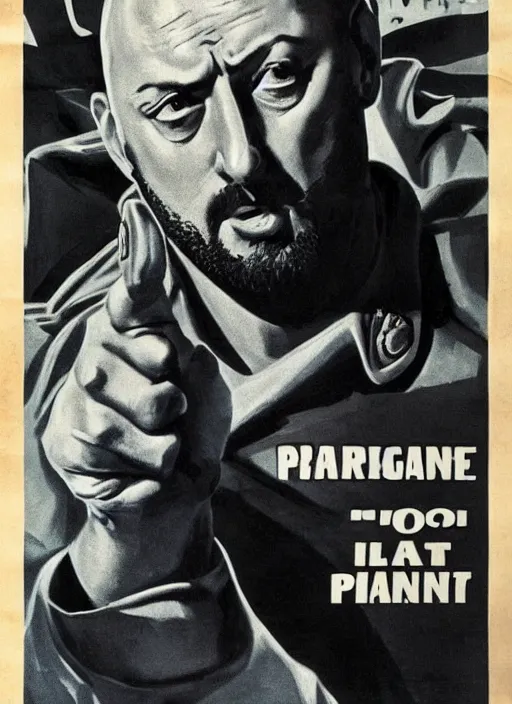 Image similar to Portrait Jean Reno gesture,look of hate, threatening pose, 1940s propaganda poster, full hd,highly detailed