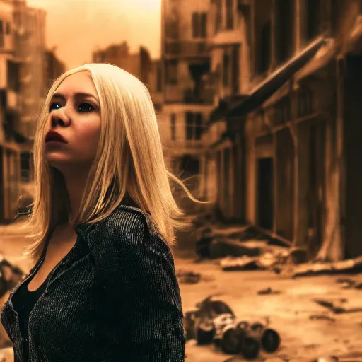 Prompt: beautiful blond sorceress girl casting a spell, in a destroyed city, moody lighting, 8 k, shallow depth of field, cinematic lighting,