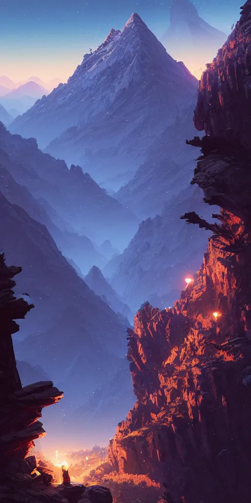 Image similar to highly detailed mountain in night, gta v, stephen bliss, unreal engine, fantasy art by greg rutkowski, loish, rhads, ferdinand knab, makoto shinkai and lois van baarle, ilya kuvshinov, rossdraws, tom bagshaw, global illumination, radiant light, detailed and intricate environment