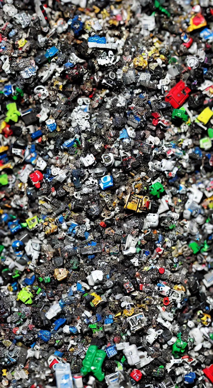 Prompt: a close up of a piece of plastiglomerate made from warhammer figures and xbox controllers, photographic, highly detailed