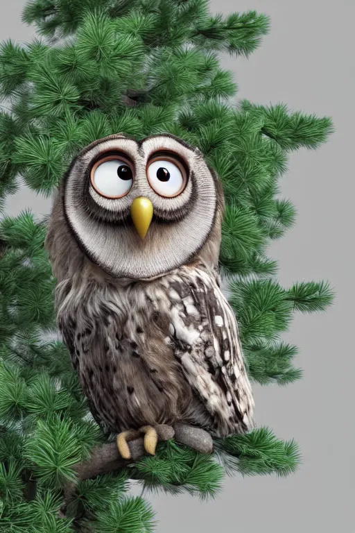 Image similar to funny disheveled owl sits on a pine tree. pixar disney 4 k 3 d render funny animation movie oscar winning trending on artststion and behance. oscar award winning.