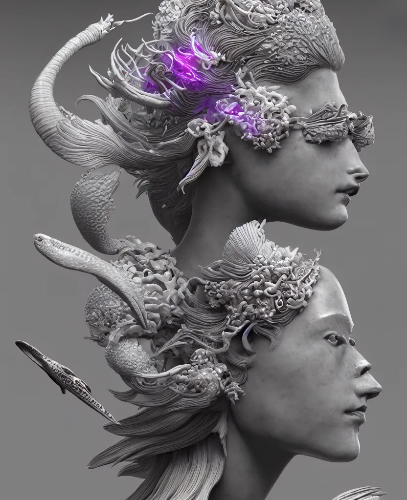 Image similar to goddess sculpture close-up portrait. orchid bird phoenix head, nautilus, skull, betta fish, bioluminiscent creatures, intricate artwork by Tooth Wu and wlop and beeple. octane render, trending on artstation, greg rutkowski very coherent symmetrical artwork. cinematic, hyper realism, high detail, octane render, 8k