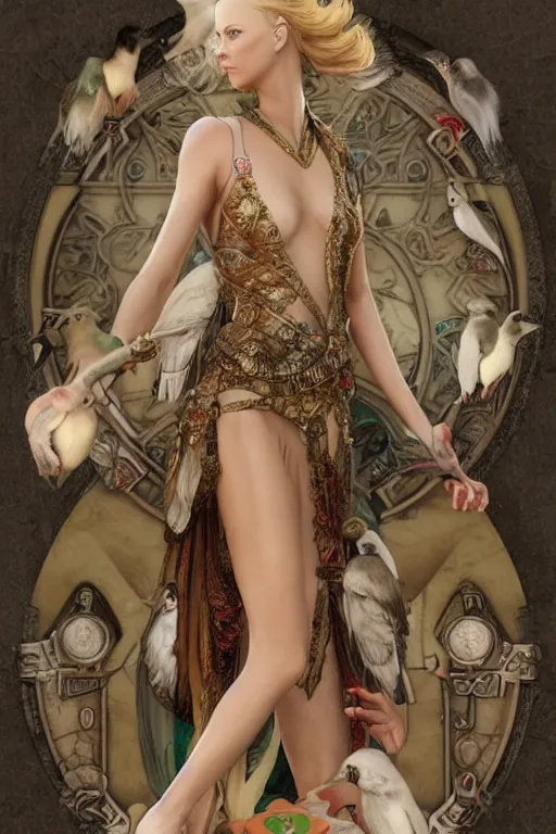 Image similar to charlize theron 3 d render of english princess holding birds, ornaments, mucha vibe, dieselpunk, solarpunk, artstation