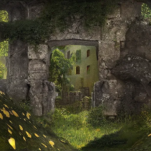 Image similar to ancient overgrown ruins, medieval gates, runestones, mysetrious etherial mesmerizing runic cat eyes, magical elven geometry, concept art by gustav klimt, deviantart contest winner, environmental art, high detail