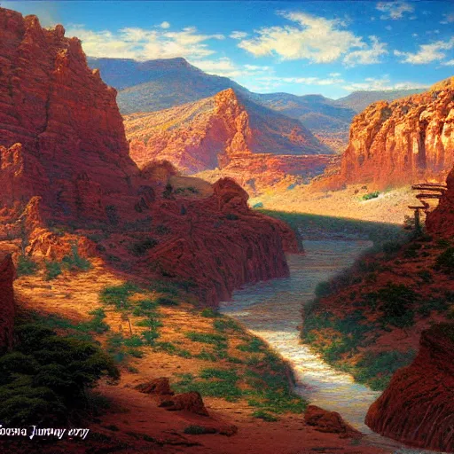 Prompt: a wild west landscape of red rock canyons and rivers, digital art by james gurney and thomas kinkade