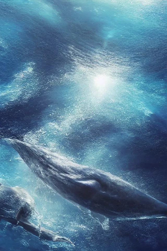 Image similar to under the blue ocean there is a blue whale in the water, the blue whale crystal texture, the dreamy crystal atmosphere ， super wide angle ， matte painting ， rtx on ， trending on cgsociety and artstation, volumetric light ， hyper - realism