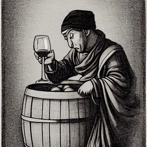 Image similar to sketch of a monk drinking wine next to a barrel, in the style of da Vinci