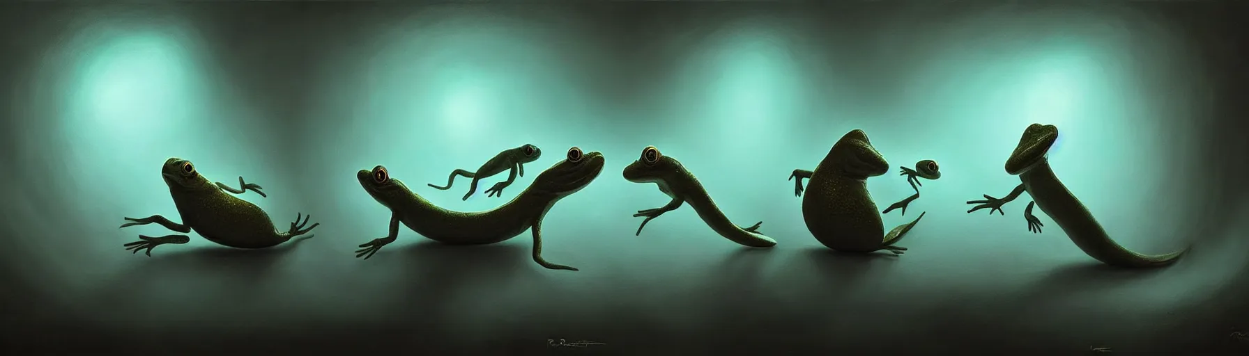 Image similar to whimsical tadpole creatures shaped like yinyangs from the depths of the collective unconscious, dramatic lighting, surreal darkly painting by ronny khalil