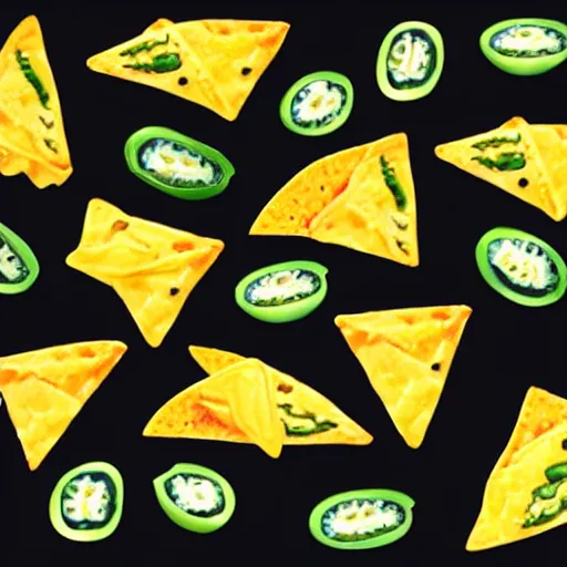 Prompt: simple nachos with cheese and jalapeno illustrations, white background, clip art, drawing, cartoon,