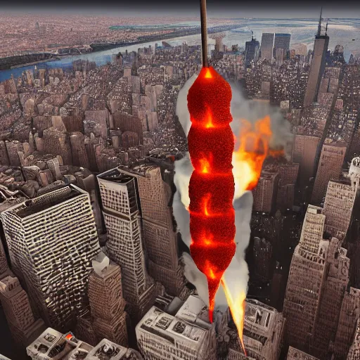 Image similar to A giant kebab falling from the sky over new york city, ultrawide lens, aerial view, 10 mm, by Terry Richardson, behance, unreal engine 5