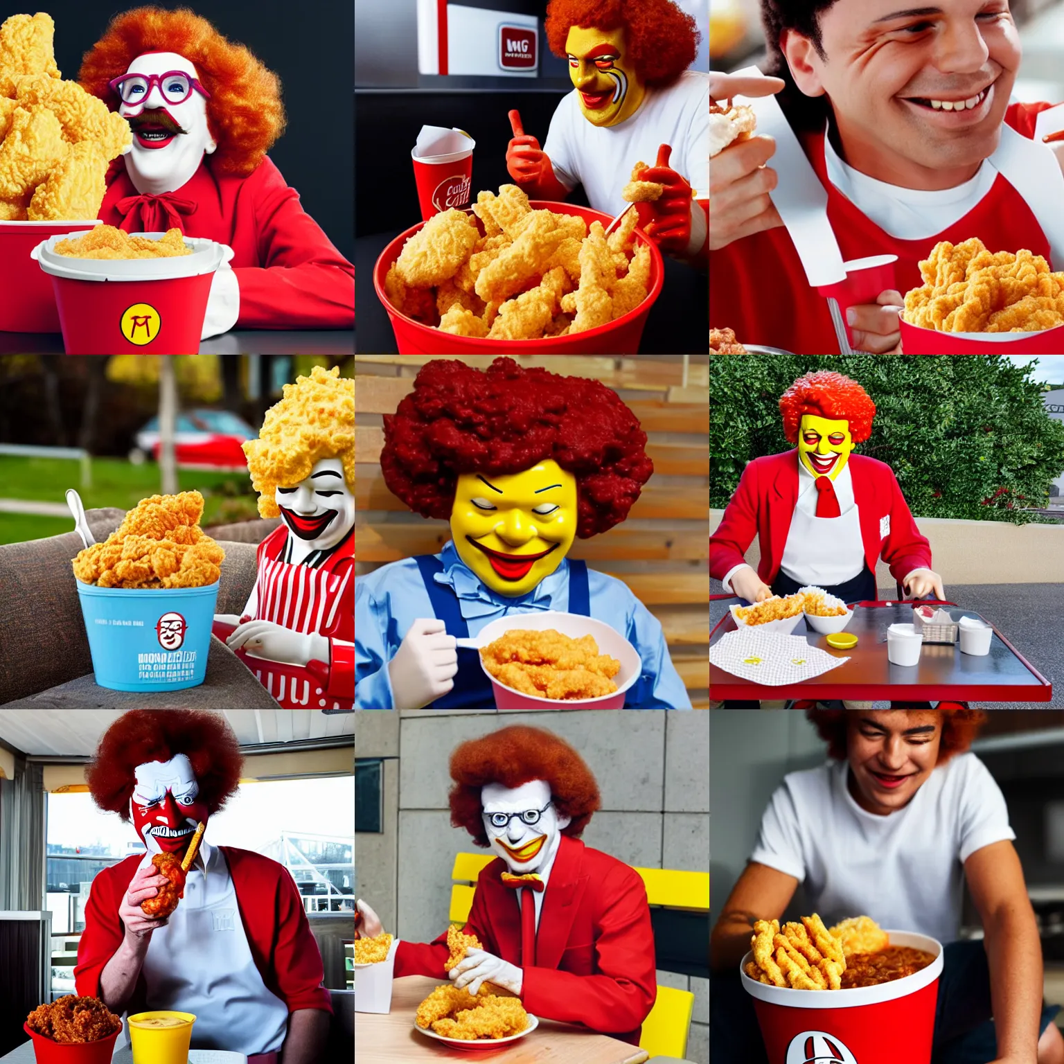 Prompt: ronald mcdonald eating kfc bucket meal