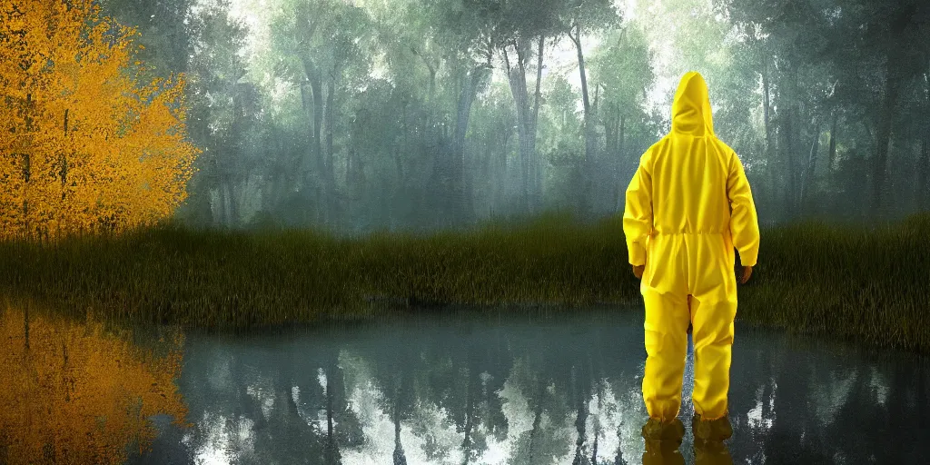 Prompt: a man in a yellow hazmat suit stands in a small lake with reflections in a detailed forest, painting, concept - art, rendering, octane, redshift, cinematic composition, volumetric lighting