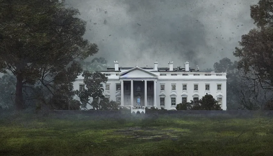 Prompt: abandoned damaged burning white house covered by vegetation at rainy day, grey sky, muddy ground, hyperdetailed, artstation, cgsociety, 8 k