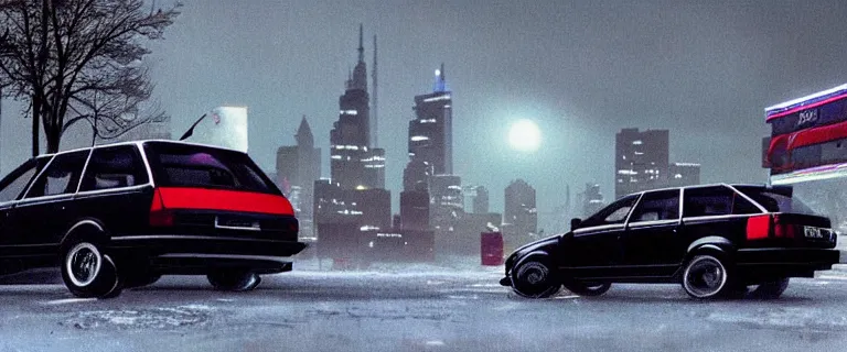 Image similar to Audi RS 2 Avant (1995), black car, a gritty neo-noir, dramatic lighting, cinematic, establishing shot, extremely high detail, photorealistic, cinematic lighting, artstation, by simon stalenhag, Max Payne (PC) (2001) winter new york