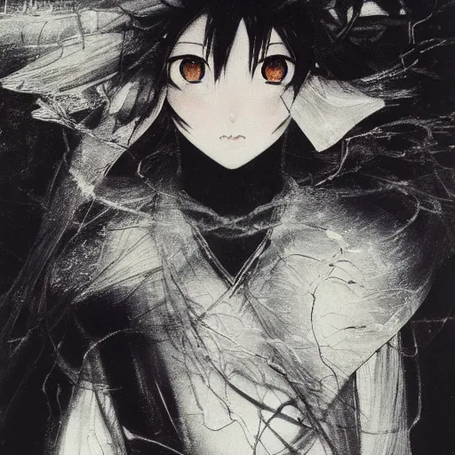 Image similar to yoshitaka amano blurred and dreamy of an anime girl with black eyes, wavy white hair and cracks on her face near eyes wearing elden ring armour with the cape fluttering in the wind, abstract black and white patterns on the background, noisy film grain effect, highly detailed, renaissance oil painting, weird portrait angle