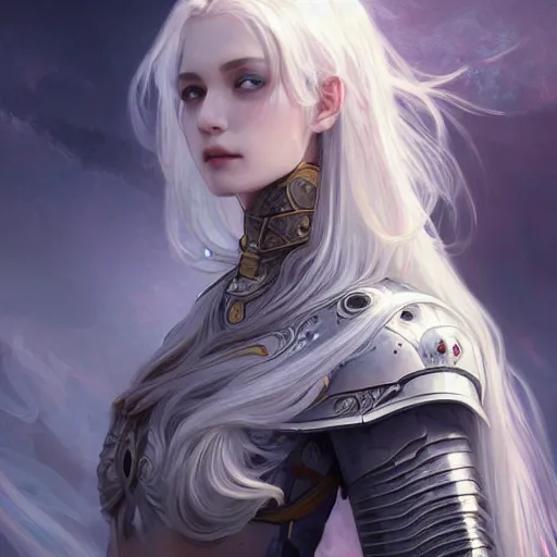 Image similar to portrait white hair knights of Zodiac girl, Sliver ice color reflected armor, in ruined Agora of Athens Sunrise, ssci-fi and fantasy, intricate and very very beautiful and elegant, highly detailed, digital painting, artstation, concept art, smooth and sharp focus, illustration, art by tian zi and WLOP and alphonse mucha