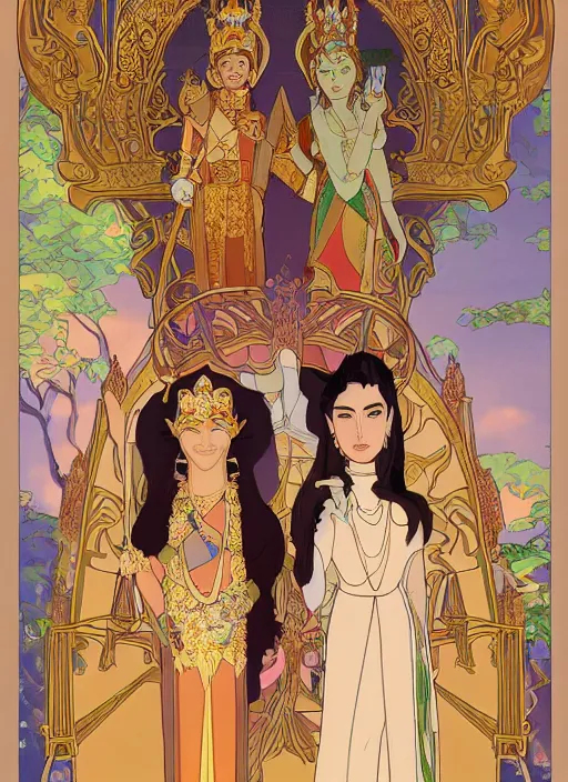 Prompt: well - lit art nouveau portrait of queen sirikrit and king bhumibol adulyadej of thailand, winatural lighting, path traced, real face, thai elegant traditional costume, highly detailed, high quality, cartoon, digital painting, by don bluth and ross tran and studio ghibli and alphonse mucha