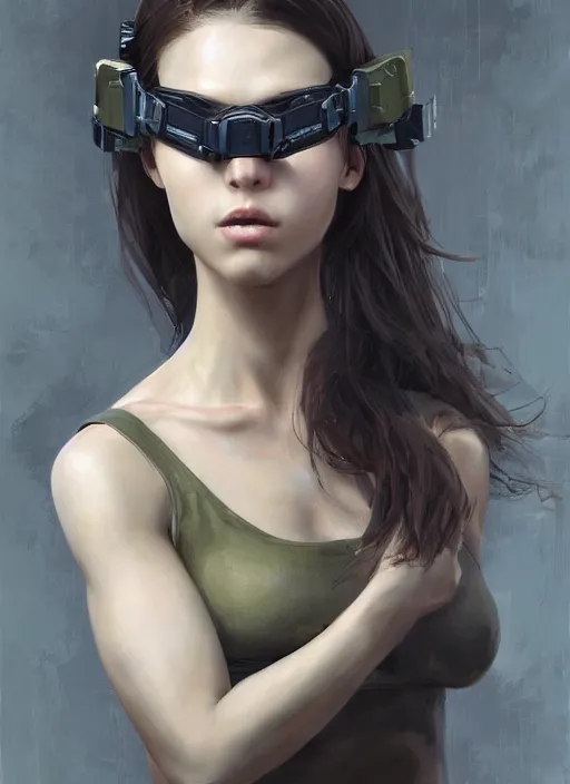 Prompt: a professional painting of a beautiful young female, clothed in stealth armor, nightvision goggles, olive skin, long dark hair, beautiful bone structure, symmetrical facial features, intricate, elegant, digital painting, concept art, smooth, sharp focus, illustration, from Metal Gear, by Ruan Jia and Mandy Jurgens and Artgerm and William-Adolphe Bouguerea