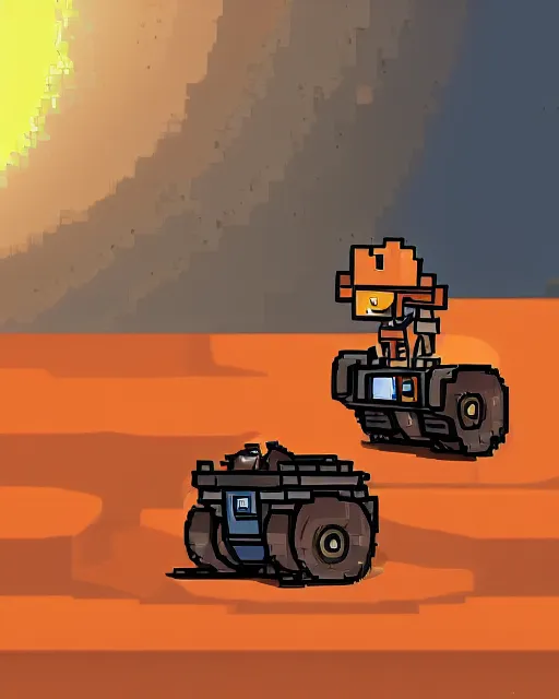 Prompt: a fox meeting a wall - e in mars, pixel art, trending, post processing, game assets, cinematic