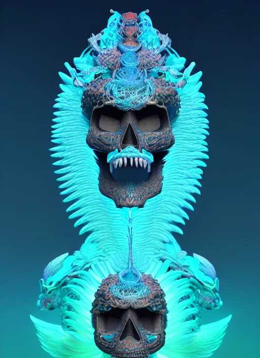 Image similar to 3 d goddess profile portrait, sigma 5 0 0 mm f / 5. beautiful intricate highly detailed quetzalcoatl skull and feathers. bioluminescent, plasma, lava, ice, water, wind, creature, thunderstorm! artwork by tooth wu and wlop and beeple and greg rutkowski, 8 k trending on artstation,