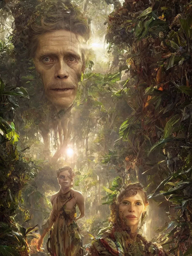 Prompt: a hyperrealistic solarpunk portrait of a Willem Dafoe lookalike, in a steaming jungle with fractal sunlight, award-winning, masterpiece, in the style of Tom Bagshaw, Cedric Peyravernay, Peter Mohrbacher