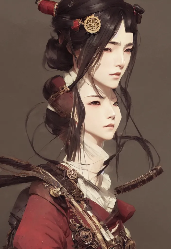 Image similar to detailed portrait of steampunk girl samurai in hakama trending on artstation elite, elegant, luxury, by krenz cushart greg rutkowski alexandros, perfect face, fine details, realistic shaded, fine - face, pretty face