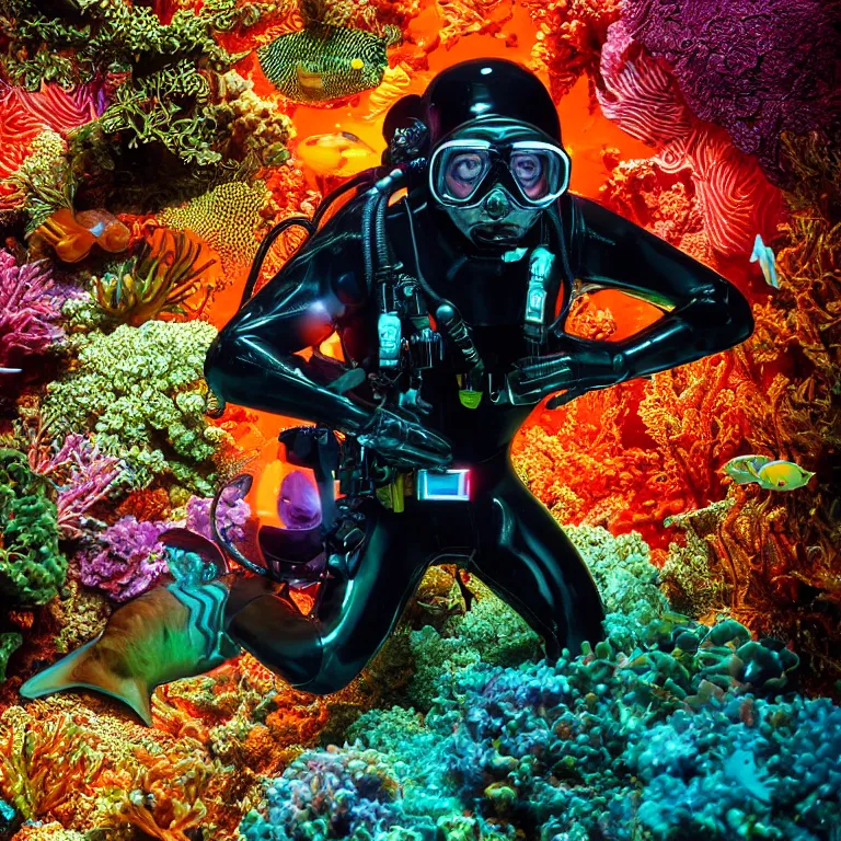 Image similar to octane render portrait by wayne barlow and carlo crivelli and glenn fabry, subject is a shiny reflective psychedelic colorful black ops scuba diver with small dim lights inside helmet, surrounded by bubbles inside an exotic alien coral reef aquarium full of exotic fish and sharks, cinema 4 d, ray traced lighting, very short depth of field, bokeh