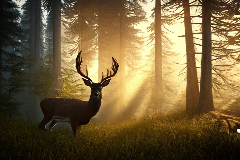 Prompt: a close up of the head of a deer with glowing eyes in the foreground, background of a landscape misty forest scene, the sun glistening through the trees, hyper realistic photograph, octane render 8k, trending on artstation, unreal engine
