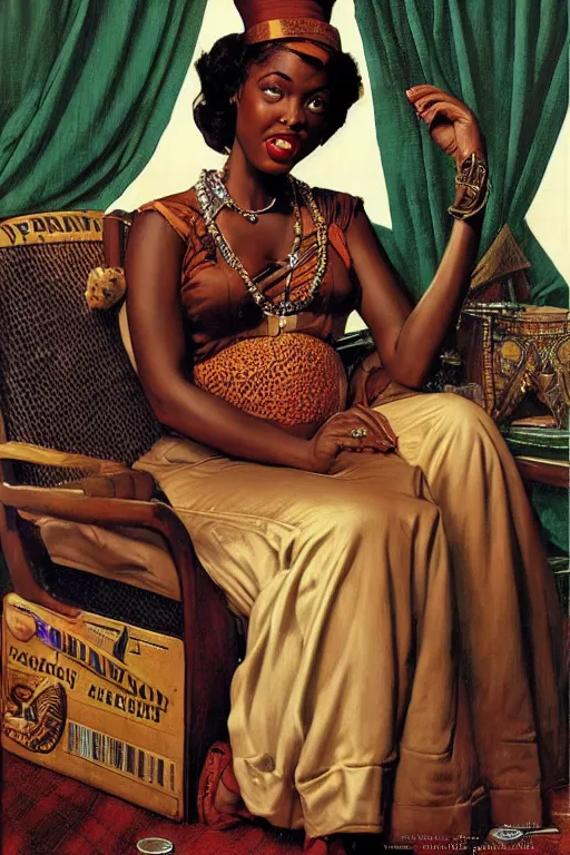 Image similar to an african queen by gil elvgren and norman rockwell and rob gonsalves, hyperrealistic, high detail