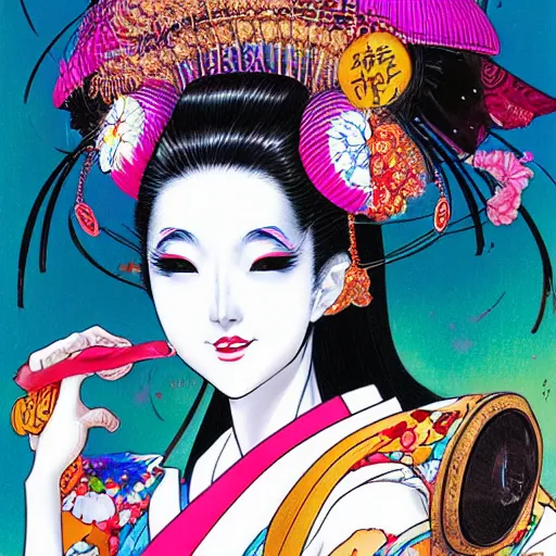 Prompt: colorful illustration of geisha, by hajime sorayama and james jean and junji ito