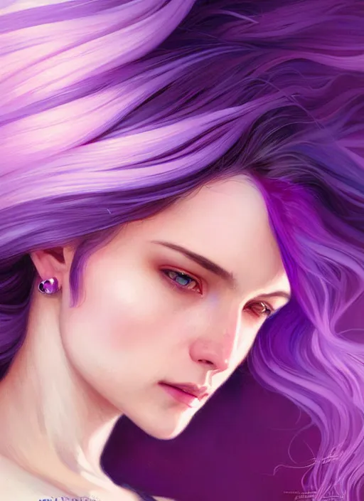 Image similar to Portrait of a woman with bright colored flying hair, all shades of purple. Hair coloring, amber eyes, face, long hair, fantasy, intricate, elegant, highly detailed, digital painting, artstation, concept art, smooth, sharp focus, illustration, art by artgerm and greg rutkowski and alphonse mucha