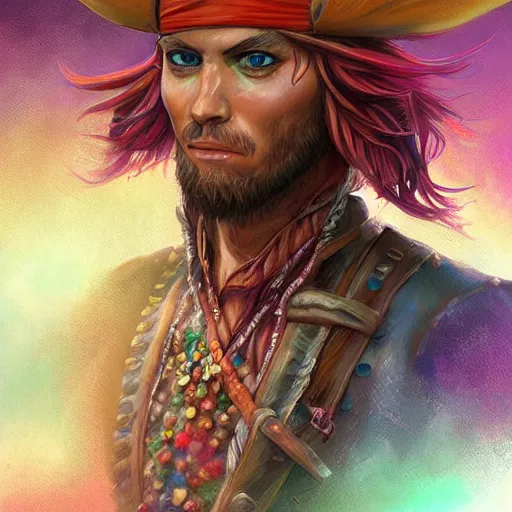 Prompt: pirate in a technicolour suit made of mushrooms, deep focus, fantasy, intricate, highly detailed, digital painting, artstation, matte, sharp focus, illustration, art by clint cearley