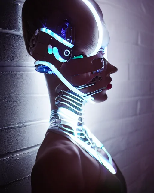 Image similar to creative photo of female dancer as a cyberpunk mecha humanoid robotic head shoulder parts with linear bright led lights, inside white room, ultra - realistic and detailed, 8 k