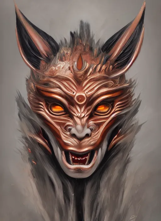 Image similar to a beautiful detailed oil on copper art illustration of a japanese oni kitsune mask devil woman, the mask is broken, centered, by charlie bowater, zeng fanzh, trending on artstation, dim dusk lighting, cinematic lighting, detailed lighting, volumetric lighting, realistic, f 8, 4 k hd wallpaper