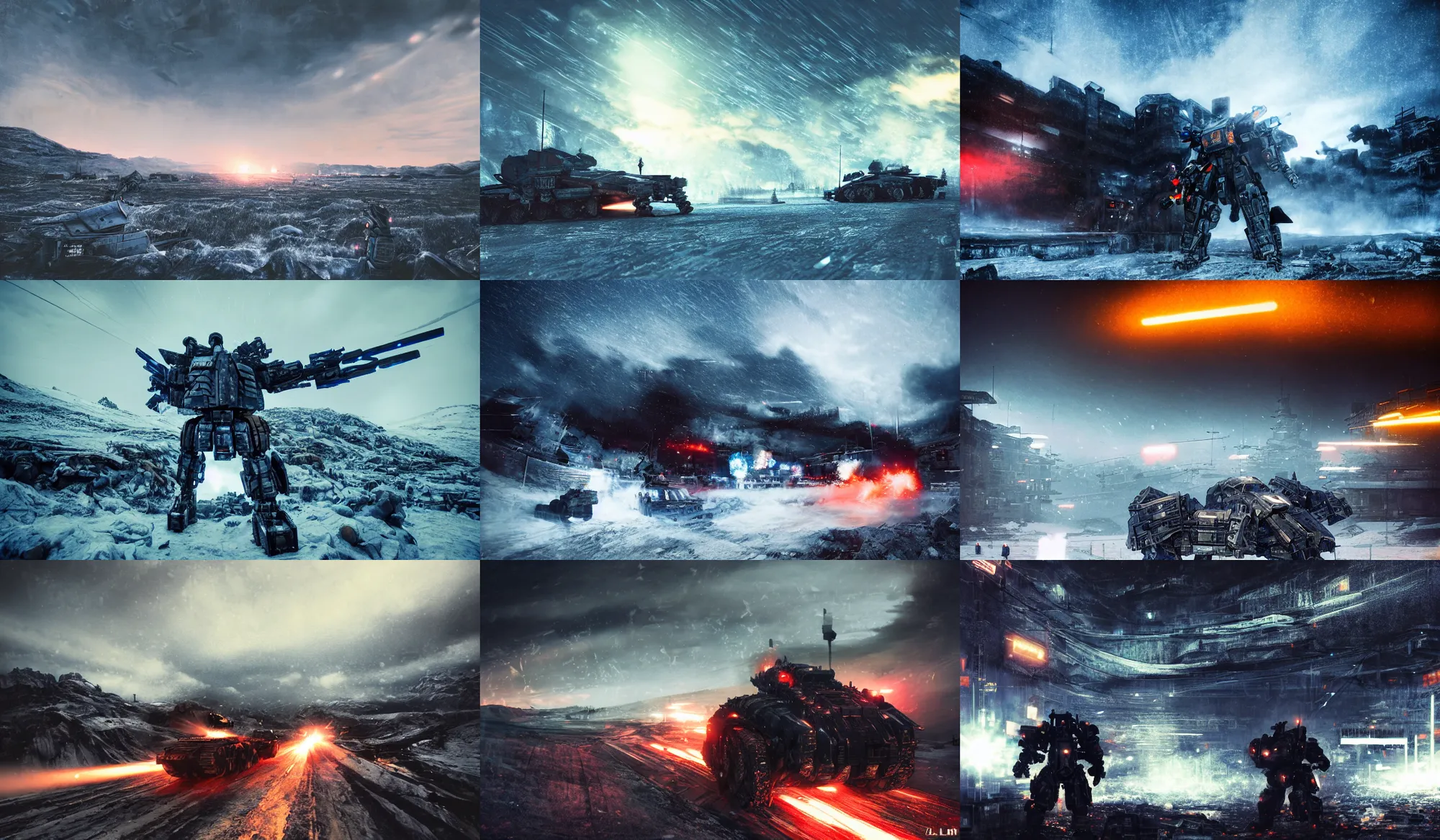 Prompt: armored core v by liam wong, booster flares, snow field, karst landscape, ; wide shot, outdoor, dark blue sky, cloud, wilderness ground, golden time, twilight ; digital painting, high contrast, dynamic backlighting, bokeh, motion blur, photoreal, cinematic,