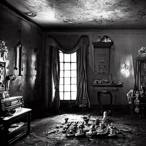 Prompt: very old black and white photo of room of a dark mansion, objects from ritual in the ground, realistic, highly detailed, background of resident evil game, guillermo del toro