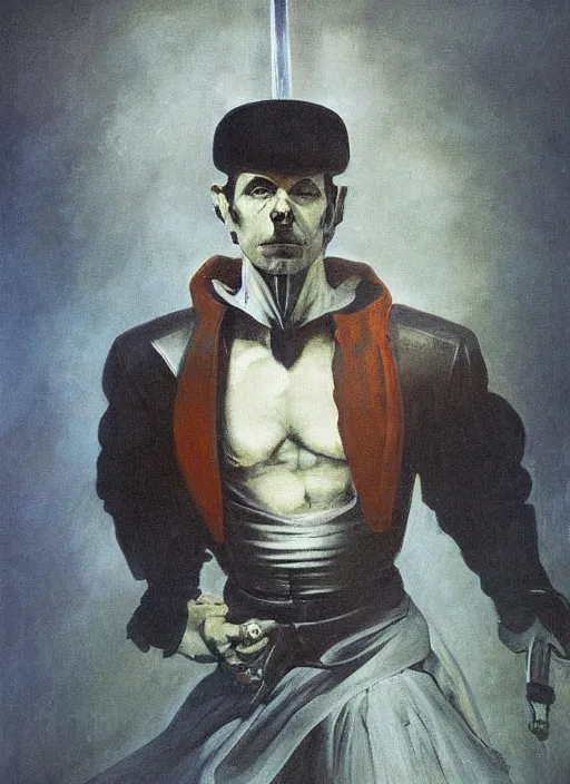 Prompt: portrait of noble duelist, coherent! by mariusz lewandowski, by frank frazetta, deep color, strong line, minimalism, high contrast