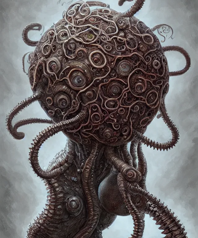 Prompt: hziulquoigmnzhah, head dangling underneath body!!!!, spherical body, elongated arms, short legs, lovecraftian horror!, surrealism, fantasy, intricate, elegant, highly detailed, digital painting, artstation, concept art, matte, sharp focus, illustration, art by keith thompson and christopher lane