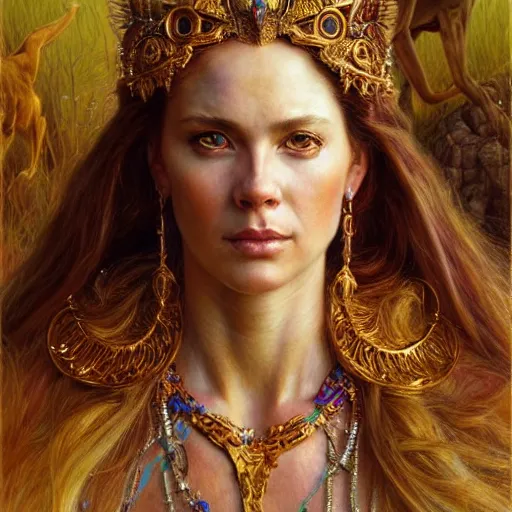 Image similar to highly detailed full portrait of a majestic lioness princess in the form of a beautiful lady. d & d, art by donato giancola and ruan jia and carl larsson and magali villeneuve. trending on artstation, intricate details, energetic composition, golden ratio, concept art, illustration, elegant art