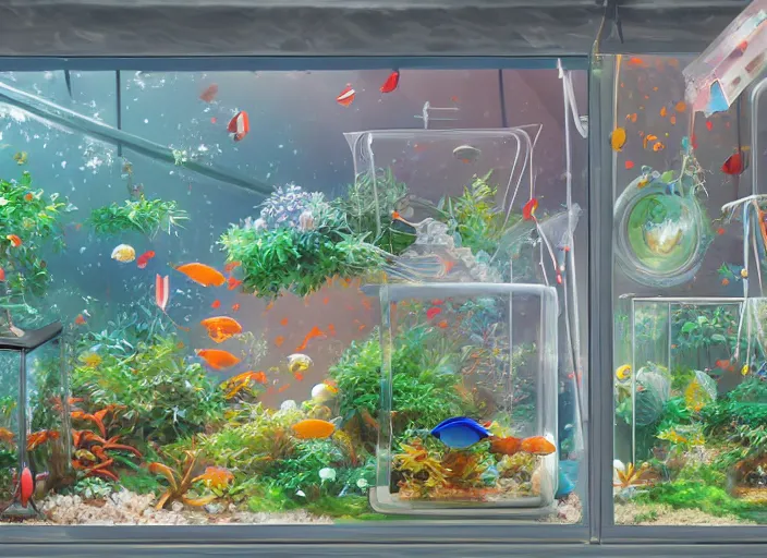 Image similar to wide angle two - point - perspective panoramic anime background clean neat clarity professional visual development set design, tiny cozy store with hanging bird cages and bright fish aquariums, sparse planted terrariums, dim painterly lighting volumetric aquatics, impasto, trending on pixiv