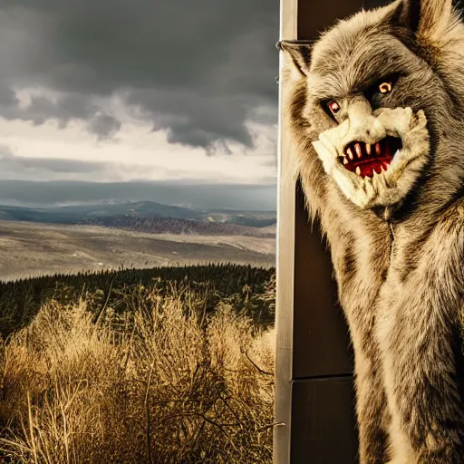 Image similar to a terrifying werewolf fursuit looking out over the hills, editorial photography for national geographic