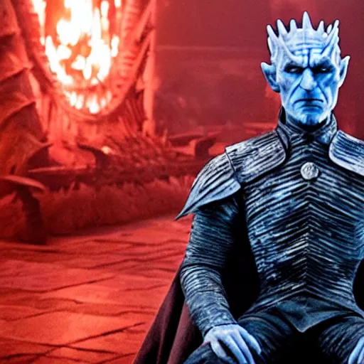 Prompt: the night king sitting on the iron throne, game of thrones, dragon breathing blue fire in background