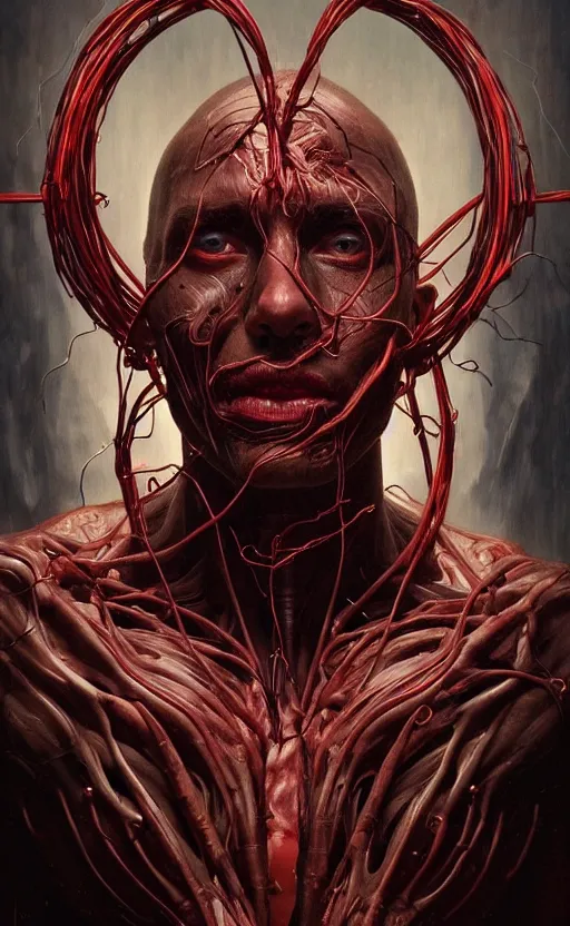 Prompt: portrait of a dark god, bloody wires, visible veins and nerves and muscles and bones and arteries, intricate, headshot, highly detailed, digital painting, artstation, concept art, sharp focus, cinematic lighting, illustration, art by artgerm and greg rutkowski, alphonse mucha, cgsociety