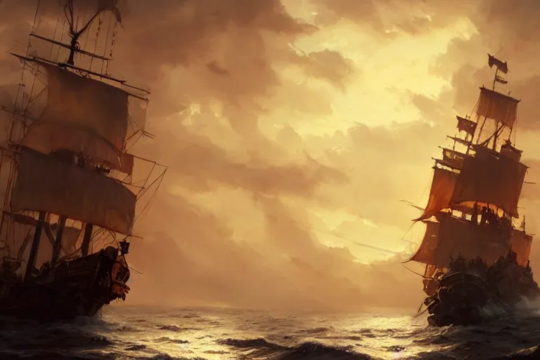 Image similar to a pirate ship, low angle, cine atic, golden hour, greg rutkowski, artstation hd, mist