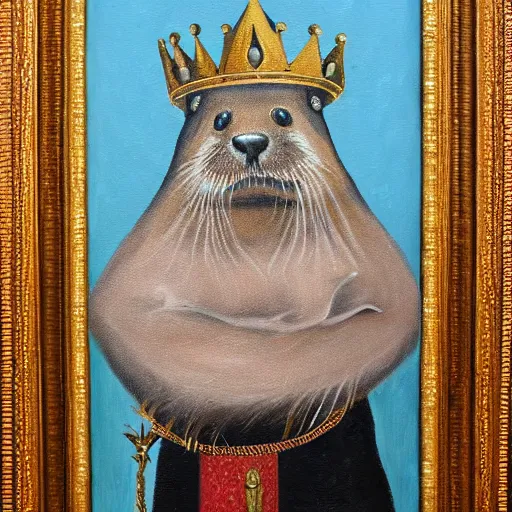 Image similar to oil painting of royal king otter dressed as a king