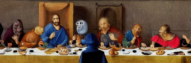 Image similar to the last supper on sesame street. art by hieronymus bosch