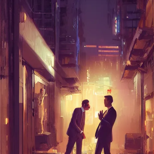 Image similar to two businessman talking, detailed digital illustration by greg rutkowski, cyberpunk back alley, nighttime, colorful lighting