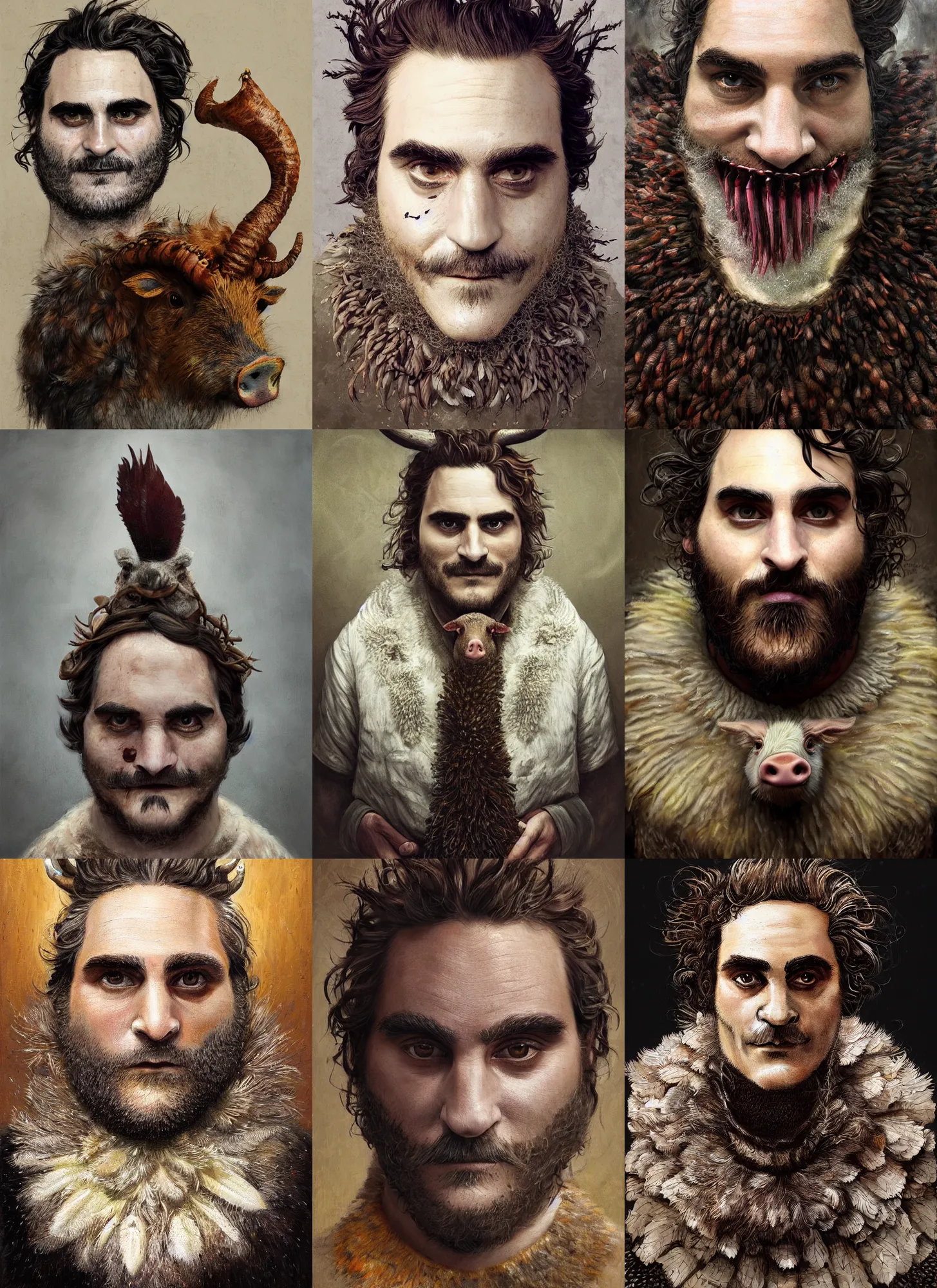 Prompt: a hyper detailed full face portrait of a anthropomorphic joaquin phoenix as the king of animals, cow horns, pig nose, sheep wool, chicken feathers, horror, by anna podedworna, by miklos ligeti, by diego maricato, by taran fiddler, by antonino truisi, by chris reddie, on artstation