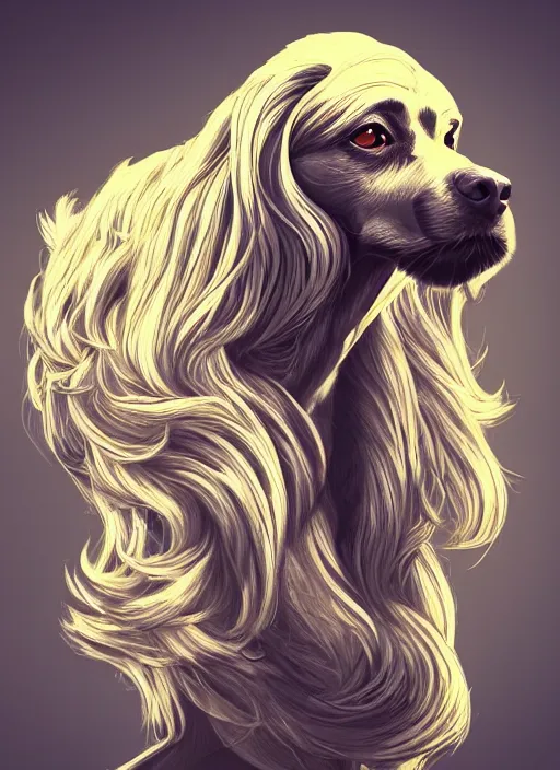 Image similar to beautiful illustration of a dog, gorgeous, amazing, flowing hair, muscular, very muscular male body, in the style abigail larsonand and sam guay, rim light, beautiful lighting, 8 k, stunning scene, octane, trending on artstation